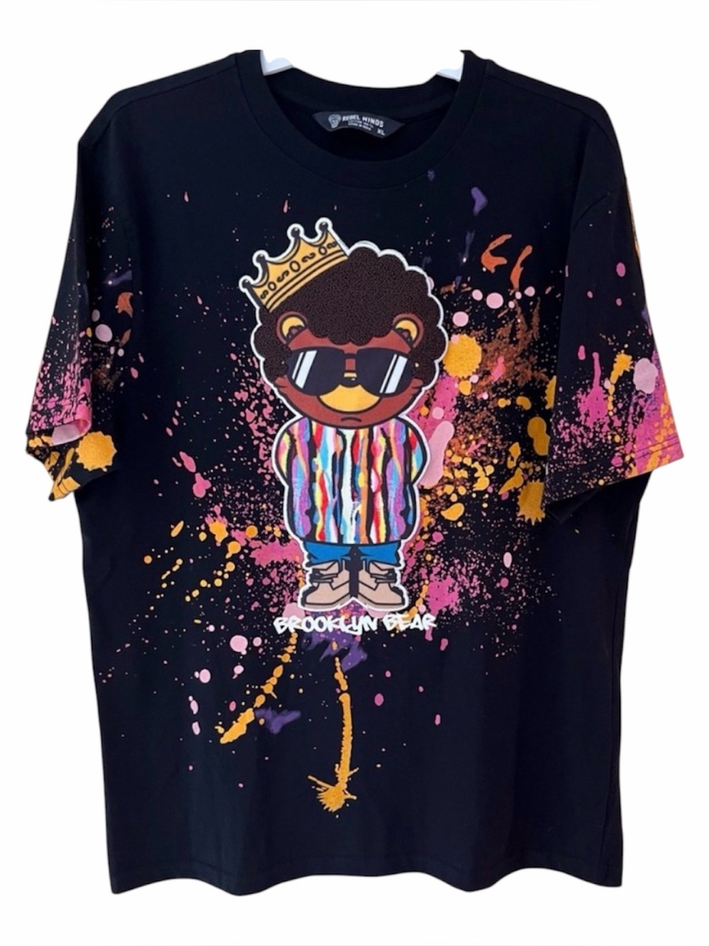 Rebel Minds Brooklyn Bear Applique Graphic Tee Size XL 100% Cotton Y2K unique